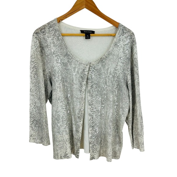 White House Black Market Sweaters - White House Black Market Snakeskin Sequin Cardigan XL Gray Animal Print Sweater